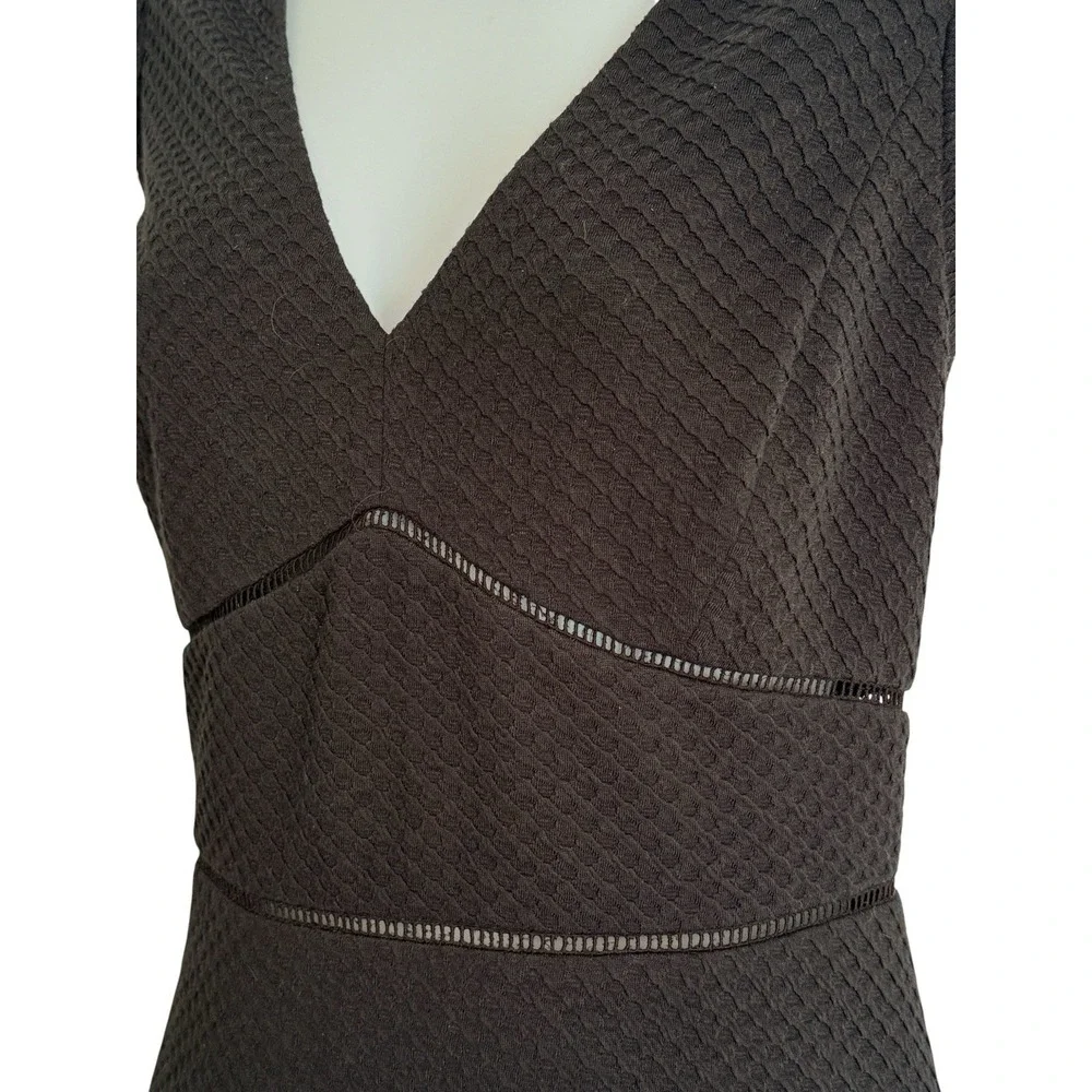 Rebecca Taylor Dress 10 Black Textured Fit‎ Flare Ladder Lace Cap Sleeve V Neck